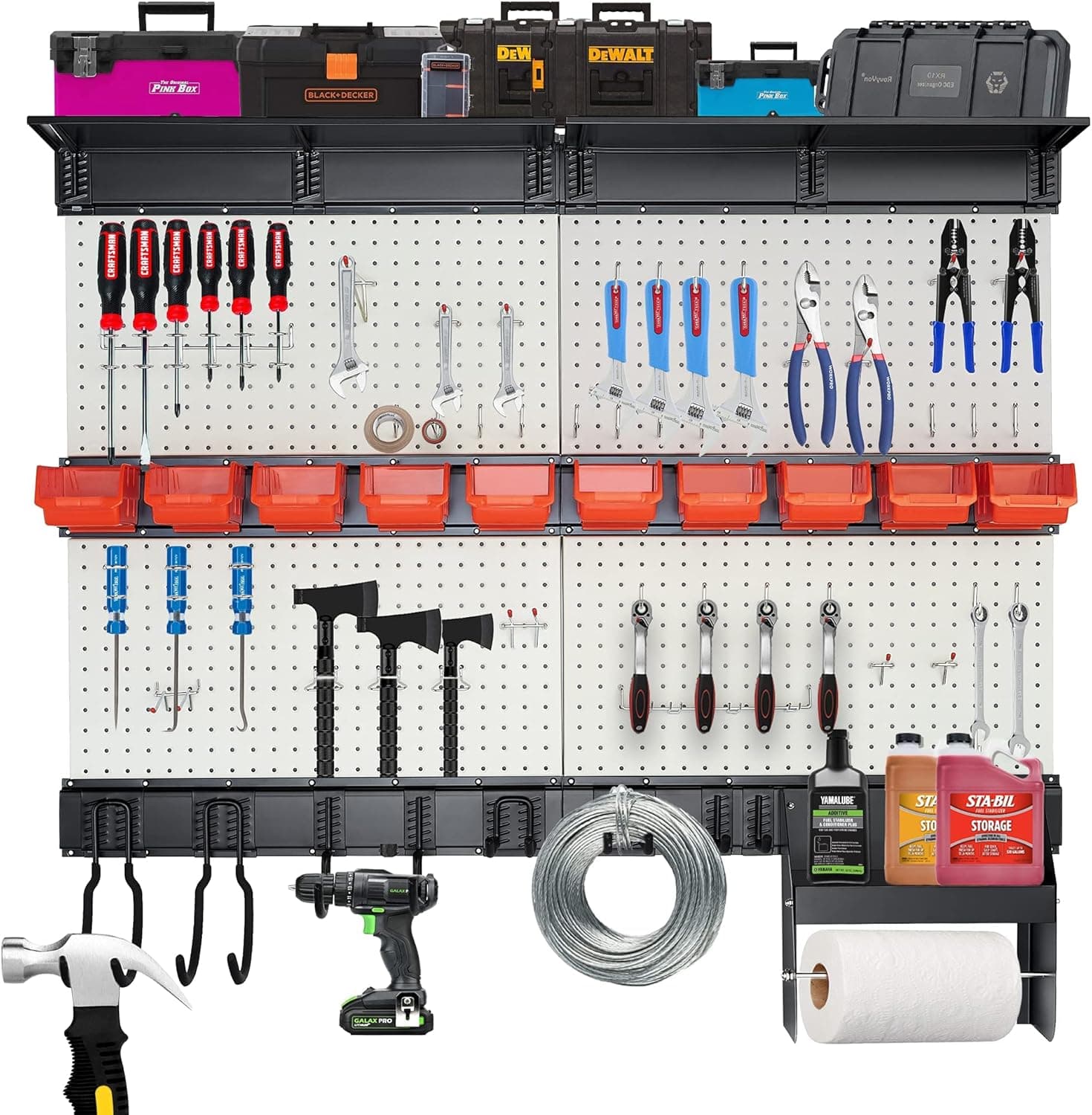 Wallmaster Pegboard Organizer Garage Storage, Pegboard Wall Organizer Pegboard Hooks Set Utility Tool Storage Rack with Wall Mounted Storage Bins & Overhead Shelf (Grey)