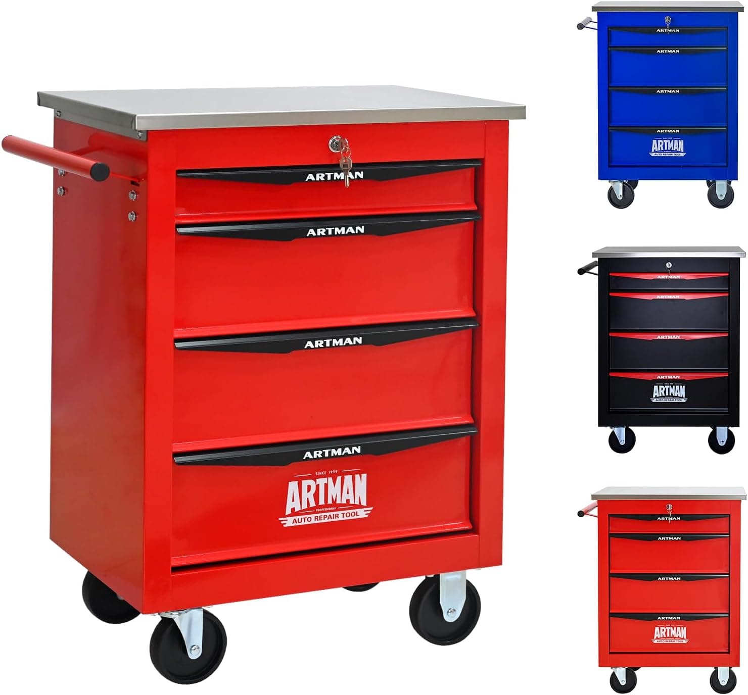 4-Drawer Rolling Tool Chest, Lockable Stainless Worktop for Garage, Red, Heavy Duty Metal Tool Cabinet with Drawers on Wheels